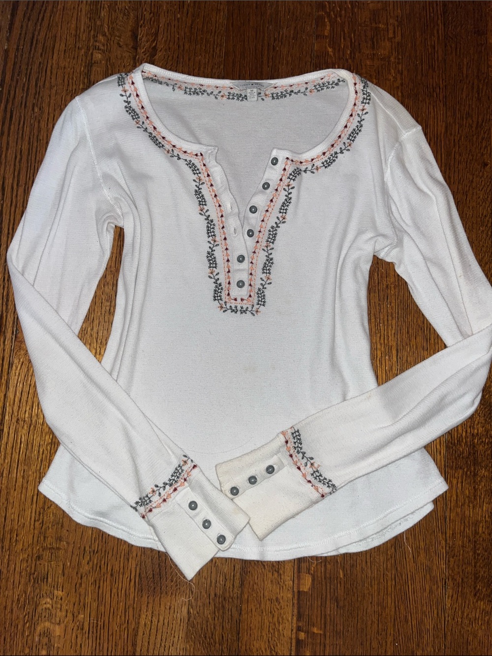 Lucky Brand | White Long-Sleeve Henley with Floral Embroidery